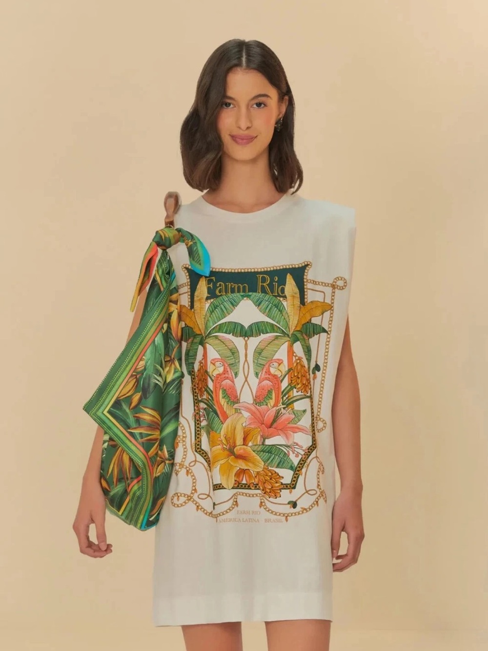 ⚜️ FARM Rio White Tank Mini T-shirt Dress with Beautiful Tropical Print